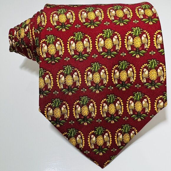 Salvatore Ferragamo Red Silk Tie w Birds&Pineapples 58.5x3.75” - Picture 1 of 12